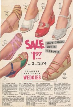 1955 Sandals- Diverse styles on Wedge Soles mid 50s red white tan pink sling back buckle crayola colors wedgies shoes casual low heel slip ons 1930s Sandals, 1950s Sandals, 50s Sandals, 40s Shoes