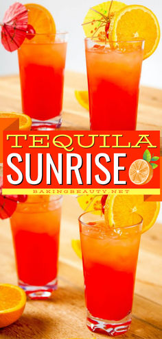 You'll want to whip up a pitcher or punch of this brunch recipe! Not only is this easy tequila sunrise sweet and refreshing, but it also has a gorgeous color. 3 ingredients are all you need for this spring cocktail! Non-alcoholic version included! Party Drinks Ideas, Tequila Drinks Easy, Tequila Sunrise Recipe, Paradise Cocktail, Tequila Mixed Drinks, Tequila Drinks Recipes, Tequila Sunrise Cocktail, Easy Mixed Drinks, Easy Alcoholic Drinks