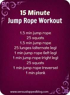 the 15 minute jump rope workout is shown in purple and white with pink swirls