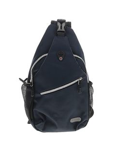 a blue backpack with zippers on the front