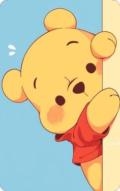 a winnie the pooh character leaning against a wall with his head on top of it