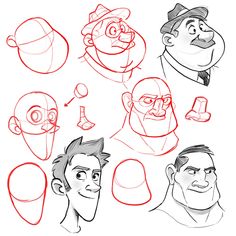 some cartoon heads with different facial expressions and hair styles, including one man's head