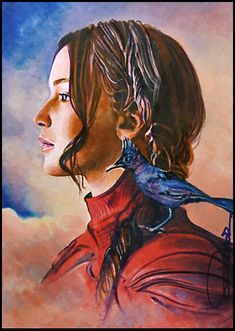 a painting of a woman with a bird on her shoulder and the sky in the background