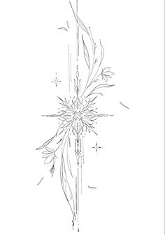 a black and white drawing of a flower on a pole with long stems in the center