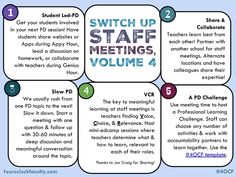 a poster with instructions on how to switch up staff meetings, volume 4 and 5