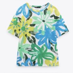 Zara Tee Short Sleeve Printed Top Zara Casual T-shirt For Spring, Zara Graphic Tee For Spring, Zara Graphic Print Tops For Spring, Zara Graphic Tee For Summer, Zara Graphic Print Shirt For Summer, Blue T-shirt For Spring, Yellow Printed Tops With Relaxed Fit, Yellow Printed Top For Summer, Zara Graphic Print Tops For Summer