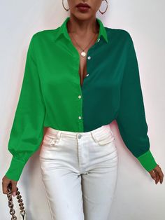 Gender:?WomenType:?TopsFeature:?Colorblock, Lapel, Button, Long Sleeve?Material:?PolyesterStyle:?Casual/FashionColor:?Orange, Pink, Green, Black?Size:?S, M, LPlease Note:?All Dimensions Are Measured Manually With A Deviation Of 1 To 3cm. Green Blouses For Women, Satin Blouse Long Sleeve, 2 Piece Jumpsuit, Split Sweater, Color Block Blouse, Satin Long Sleeve, Button Long Sleeve, Women's Blouses, Fashion Color