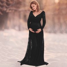 Elegant V-neck Maternity Gown, Fitted V-neck Maternity Gown, Fitted Empire Waist Maternity Dress For Party, Elegant Long Sleeve Maternity Maxi Dress, Elegant Long Sleeve Maxi Dress For Maternity, Elegant Maternity V-neck Gown, Elegant Maternity Gown With V-neck, Elegant Maternity Dresses For Winter, Elegant Maternity Winter Dresses