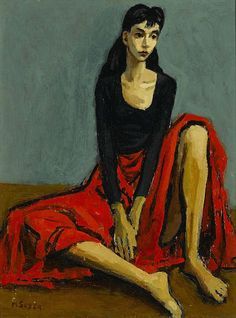 a painting of a woman in a red dress sitting on the ground with her legs crossed