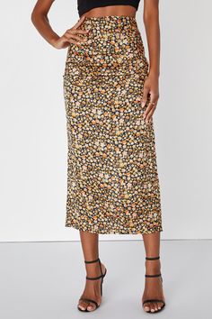 Black Floral Print Skirt - Satin Midi Skirt - Floral Satin Skirt - Lulus Spring Date Night Satin Skirt, Spring Midi Pencil Skirt For Date Night, Spring Date Night Lined Pencil Skirt, Fitted Rayon Skirt For Day Out, Chic Rayon Skirt For Brunch, Fitted Rayon Midi Skirt, Fitted Midi Length Rayon Skirt, Spring Workwear Rayon Skirt, Rayon Skirt For Workwear In Spring