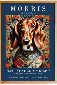 a painting of a dachshund dog wearing a blue dress with red flowers on it