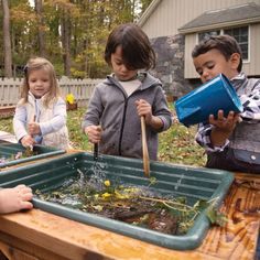 three children are playing with water in an outdoor pond while another child is holding a book