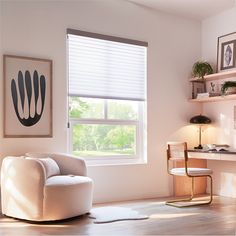 a white chair sitting in front of a window next to a desk with a computer on it