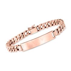 Ross-Simons - C. 1960 Vintage 18kt Rose Gold ID Bracelet. 8". C. 1960. Dating back to the '60s, this sleek Estate collection statement is still relevant today! Our 18kt rose gold style presents a glossy ID bar centered on a blushing curb-link bracelet. Figure 8 safety. Box clasp, 18kt rose gold ID bracelet. Exclusive, one-of-a-kind Estate Jewelry. Formal Rose Gold Hallmarked Bracelet, Formal Rose Gold 14k Bracelet, Classic Rose Gold Rectangular Bracelets, Formal Rose Gold Jubilee Bracelet, Classic Rose Gold Bracelets For Anniversary, Modern Engraved Rose Gold Bracelets, Rose Gold Polished Bracelets For Formal Occasions, Classic Hallmarked Rose Gold Bracelet, Classic Rose Gold Chain Bracelet, Tarnish Resistant