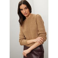 Brown knit (65% Cotton, 29% Linen, 6% Mulberry Silk). Sweater. Long sleeves. Crewneck. Pull on. 21" from shoulder to hemline. Imported. Ribbed Cropped Sweater For Fall Workwear, Fall Ribbed Cropped Sweater For Work, Fall Cropped Sweater With Textured Knit And Crew Neck, Fall Ribbed Crew Neck Cropped Sweater, Chic Knit Sweater With Ribbed Cuffs, Elegant Knit Top With Ribbed Cuffs For Fall, Fall Textured Knit Long Sleeve Cropped Sweater, Chic Knit Top With Ribbed Cuffs, Cozy Fitted Knit Top For Fall