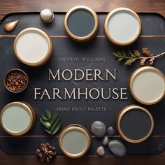 the modern farmhouse house home paint palette is displayed on a tray with pine cones, acorns and leaves