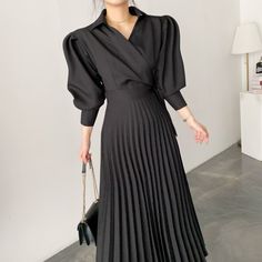 Ifomt Elegant Lapel Women Pleated Dress Autumn Winter Stylish Puff Sle Elegant Long Dress, Ladies Day Dresses, Dress Sleeve Length, Dress Woman, Vestidos Vintage, Elegant Dresses Long, Pleated Midi Dress, Neck Lace, Skirt Design