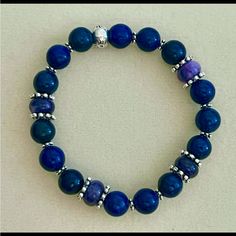 New Beautiful 8 Mm Bead Lapis Lazuli & Amethyst Elastic Bracelet. Bracelet Fits Smaller Wrists Up To And Including 7 Inches. Elastic Bracelet, Lapis Lazuli, Womens Jewelry Bracelets, Elastic, Blue And Purple, Amethyst, Women Jewelry, Beads, Purple