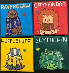 four children's books with animals painted on them and the words, ravenclaw, greyfindor, hufflepuff, slytherin