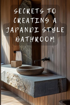 a stone bowl sitting on top of a counter next to a wooden wall with text overlay that reads secrets to creating a japanese style bathroom