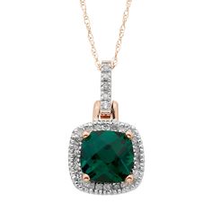 "This product may experience shipping delays beyond promise date expressed at check out and email.A lab-created emerald gemstone surrounded by shimmering diamonds gives this halo pendant unsurpassed beauty. A lab-created emerald gemstone surrounded by shimmering diamonds gives this halo pendant unsurpassed beauty. NECKLACE DETAILS Chain type: rope Packaging: boxed Pendant size: .75"" x .40"" Metal: 10k gold Chain length: 18 in. Clasp: spring-ringSTONE DETAILS Color: green Stone type: lab-created Fine Jewelry Green Diamond Cut Necklaces, Green Necklace With Diamond Accents For A Gift, Classic Green Emerald Necklace With Diamond Accents, Formal Diamond Cut Necklace For May Birthstone, Green Diamond Cut Necklace For Anniversary, Anniversary Green Diamond Cut Necklace, Gift Emerald Necklace With Halo Setting For May Birthstone, Emerald Necklaces With Diamond Accents For Anniversary, Green Necklaces With Prong Setting For May Birthstone