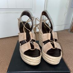 Worn Only Three Times. Very Comfortable. Ysl Wedges Sandals, Shoes Ysl, Yves Saint Laurent Shoes, Saint Laurent Shoes, Womens Shoes Wedges, Sandal Espadrille, Wedge Shoes, Wedge Sandals, Yves Saint Laurent