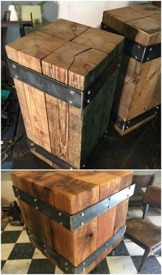 two pictures of wooden boxes sitting on top of a checkered floor