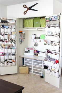 the closet is filled with many pairs of glasses and other things to use for storage