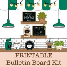 the printable bulletin board kit includes green lights, potted plants and coffee cups