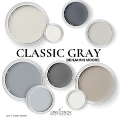 six different shades of gray paint with the words classic gray below them in black and white