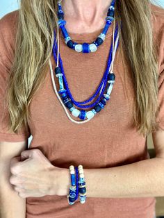 The Twine & Twig Trio Stack is designed using globally sourced beads. They can be worn individually or stacked up. Fits wrist size 7". Twine And Twig, Twig Jewelry, Layered Chokers, Layered Necklace Set, Blue Bracelet, Collar Necklace, Bracelet Stack, Twine, Bracelet Set