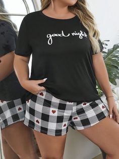 Plus-size Letter Print Short Sleeve T-shirt And Plaid Shorts Pajama Set Black and White Casual-Young,Casual-Woman  Short Sleeve Knitted Fabric Letter Short Sets Medium Stretch All Women Plus Sleep and Lounge, size features are:Bust: ,Length: ,Sleeve Length: Black Letter Print Sleepwear For Summer, Black Short Sleeve Sleepover Set, Black Graphic Print Short Sleeve Sleepwear, Black Short Sleeve Sleepwear With Graphic Print, Short Sleeve T-shirt With Letter Print For Pajama Party, Casual Crew Neck Bedtime Sets, Summer T-shirt For Pajama Party, Crew Neck Sleep Sets For Summer, Black Crew Neck Sleepwear For Pajama Party