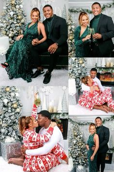 a man and woman sitting next to each other in front of a christmas tree