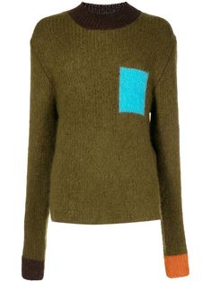 khaki green mohair-wool blend knitted construction crew neck long sleeves contrasting cuffs Mohair Wool, Knitwear Men, Green Sweater, Khaki Green, Crewneck Sweater, Crew Neck Sweater, Color Block, Wool Blend, Knitted Sweaters