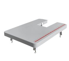 a white table with red lines on the edge and two legs that are attached to it