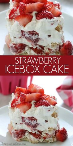 strawberry icebox cake on a white plate with strawberries and whipped cream in the middle