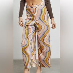 Wide Leg Scarf Pant From Urban Outfitters Topped With An Oh-So-Retro Print. Sits High At The Waist With A Relaxed Fit Down To The Full-Length Hem. Topped With A Button Closure And Zipper Fly. 97% Polyester, 3% Spandex Machine Wash Imported Retro Pants For Spring Day Out, Retro Spring Pants For A Day Out, Retro Wide Leg Pants For Day Out, Purple Straight Pants For Spring, Spring Purple Straight Pants, Purple Wide Leg Bottoms For Spring, Purple High-waisted Pants For Summer, Urban Outfitters High-waisted Pink Bottoms, Urban Outfitters High Waist Pink Bottoms