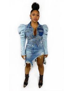 Gorgeous GoldxTeal Living patchwork denim jacket with big puff sleeves. Nikia distressed irregular denim skirt with raw edges. Love! #goldxteal #denimondenim #denimfashion #denimjacket #denimskirt #rawdenim #distresseddenim #stylishdenim #womensfashion #fashion #style #womenapparel Short Coats, Denim Coat Women, Coats Vintage, Statement Outfit, Denim Inspiration, Sequin Pants, Distressed Denim Skirt, Perfect Denim, Patchwork Denim