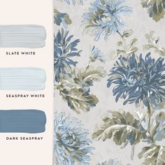 three shades of blue and white paint with flowers on them, one in the middle