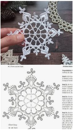 the instructions to crochet snowflakes are shown in two different styles and sizes