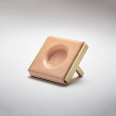 a book with a ring on it sitting in front of a white background and grey backdrop