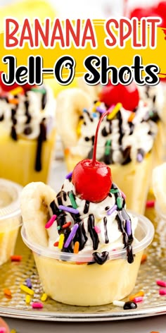 banana split jell - o shots with whipped cream and sprinkles on top