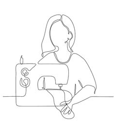 a woman sitting on the floor with a sewing machine in front of her, one line drawing