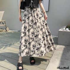 Olivia Mark - Printed Chiffon Midi Skirt with High Waist, Pleated Design, and Flowy Ankle-Length Hemline Chiffon Midi Skirt, Print Chiffon, Terry Cloth, A Line Skirt, A Line Skirts, Ankle Length, Midi Skirt, High Waist, A Line