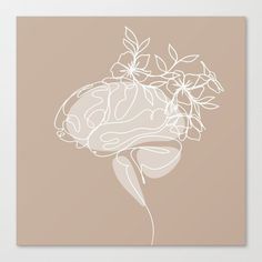 a beige and white drawing of a brain with flowers on it's side, against a light brown background