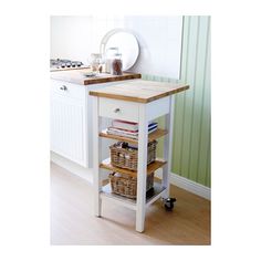 a kitchen island with two baskets on it