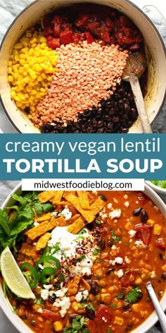 a bowl filled with tortilla soup and topped with sour cream, black beans, corn