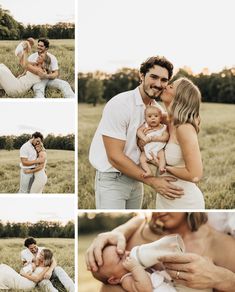 a man and woman are holding their baby in the field