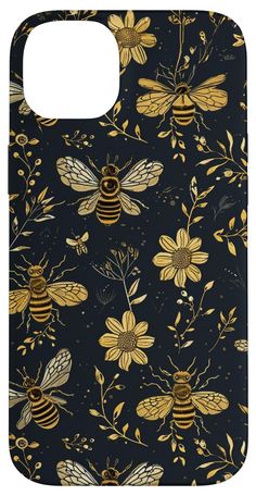 a black phone case with yellow flowers and bees on it's sides, while the back side is covered in gold foil