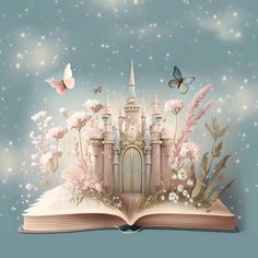 an open book with a castle in the middle and butterflies flying around it on a blue background